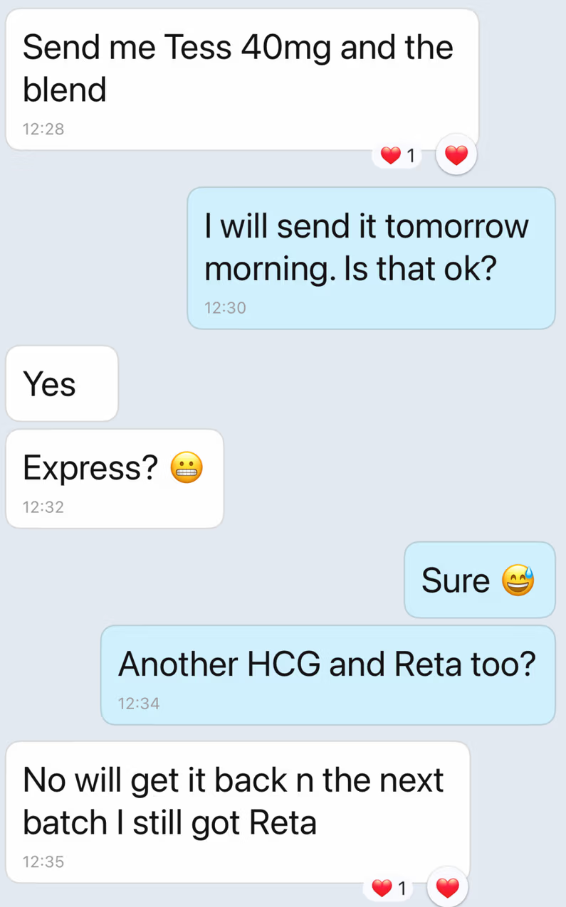 Anonymized customer screenshot: Send me Tess 40mg and the blend