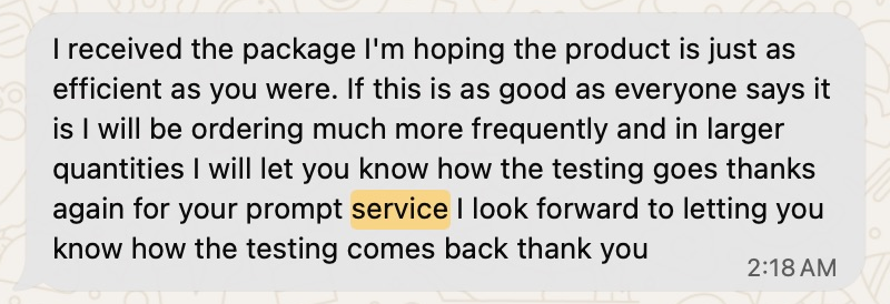Anonymized customer screenshot: thanks again for your prompt service